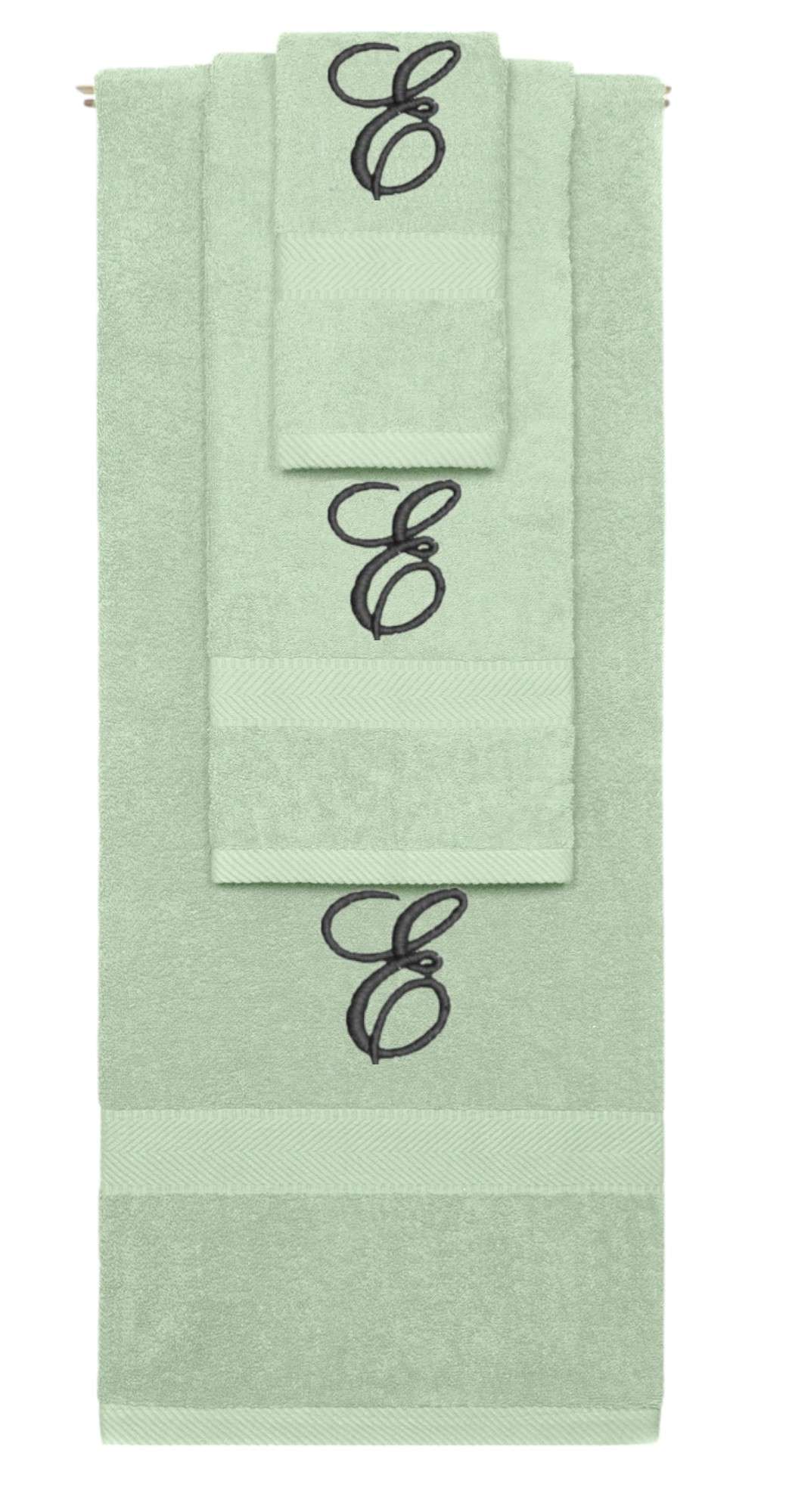 Mint Green monogrammed towel set with Black thread, Diana Script font, initial E - 540 GSM cotton 3-piece