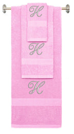 Pink monogrammed towel set with Silver thread, Diana Script font, initial H - 540 GSM cotton 3-piece