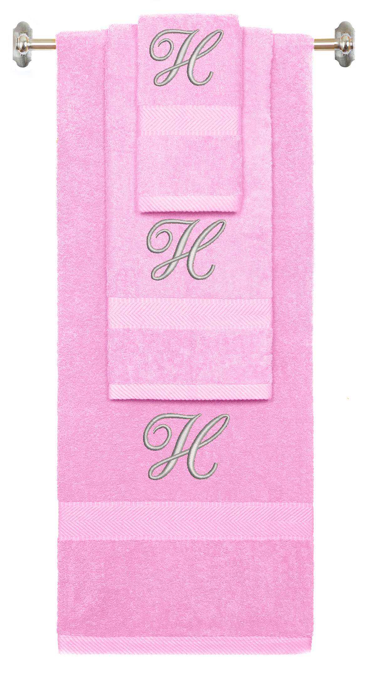 Pink monogrammed towel set with Silver thread, Diana Script font, initial H - 540 GSM cotton 3-piece