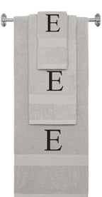 Silver monogrammed towel set with Black thread, Times New Roman font, initial E - 540 GSM cotton 3-piece