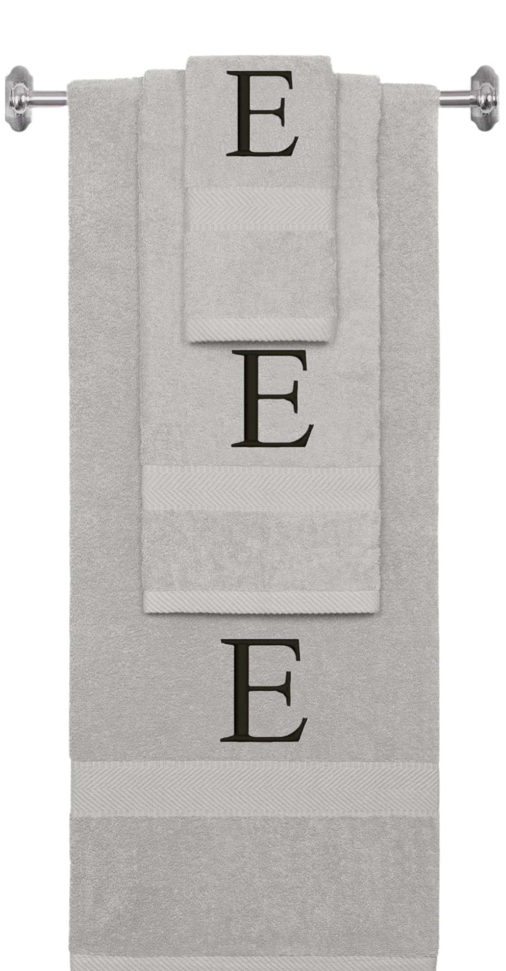 Silver monogrammed towel set with Black thread, Times New Roman font, initial E - 540 GSM cotton 3-piece