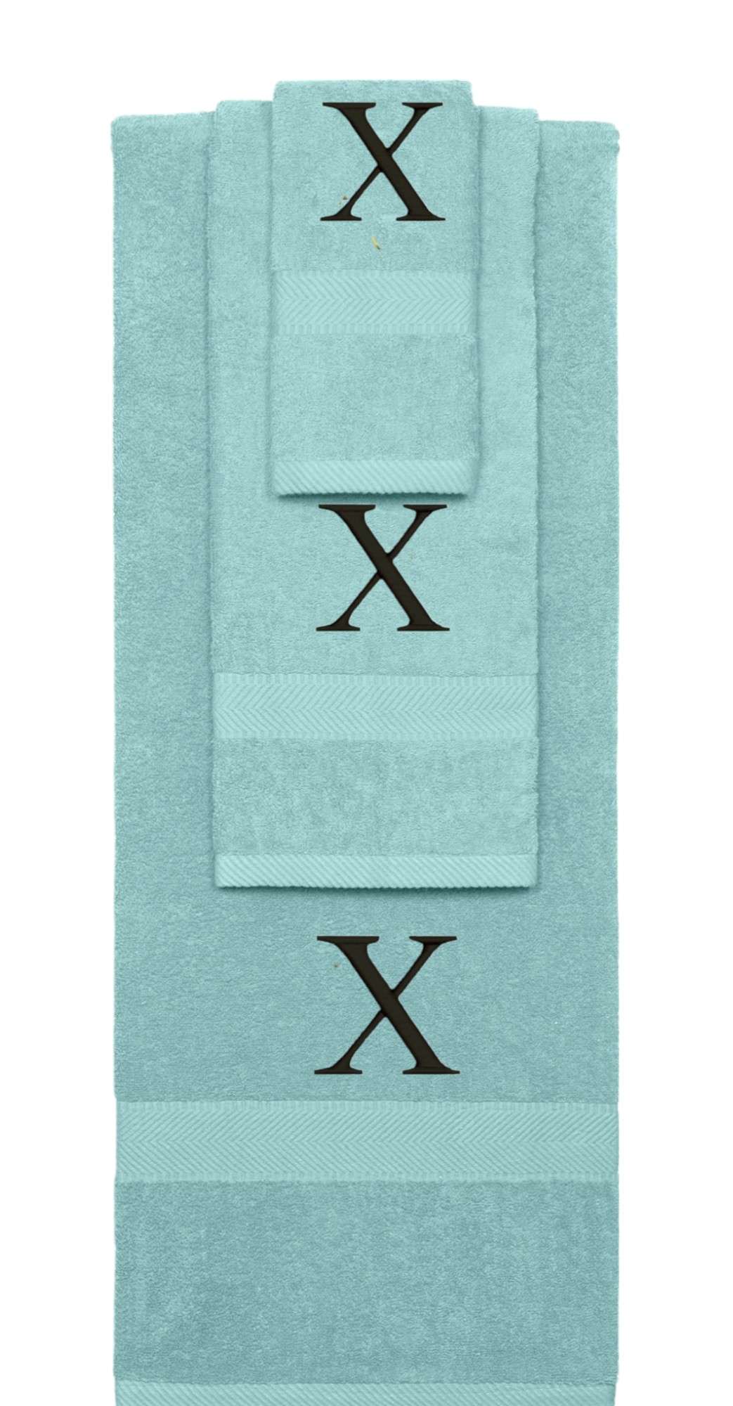 Nautical Teal monogrammed towel set with Black thread, Times New Roman font, initial X - 540 GSM cotton 3-piece