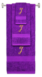 Purple monogrammed towel set with Gold thread, Diana Script font, initial J - 540 GSM cotton 3-piece