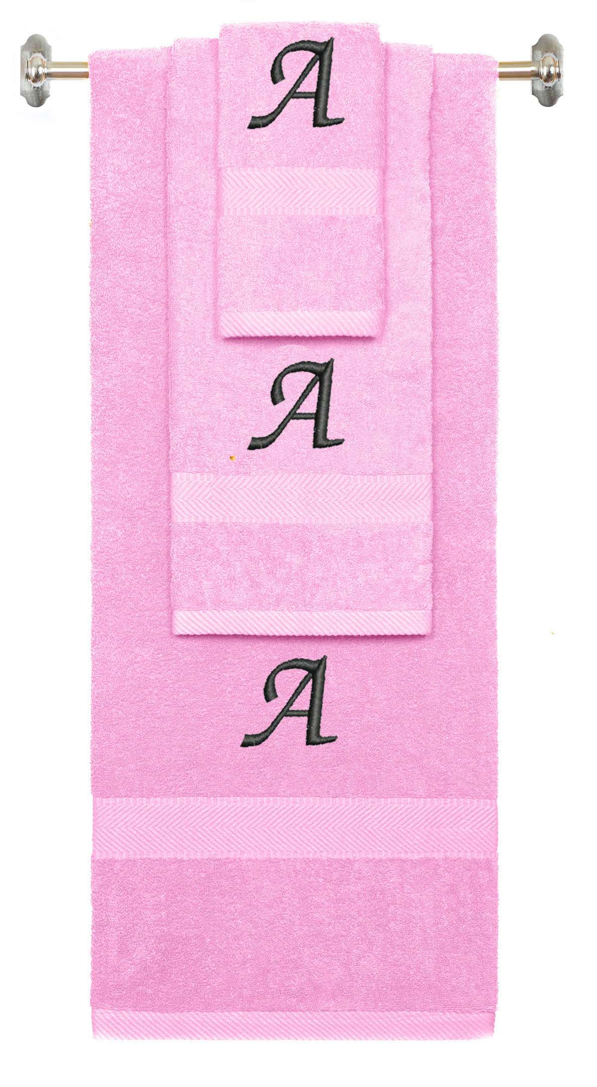 Pink monogrammed towel set with Black thread, Chancery font, initial A - 540 GSM cotton 3-piece Main image