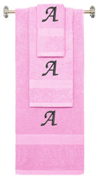 Pink monogrammed towel set with Black thread, Chancery font, initial A - 540 GSM cotton 3-piece