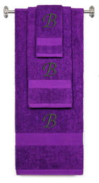 Purple monogrammed towel set with Black thread, Chancery font, initial B - 540 GSM cotton 3-piece