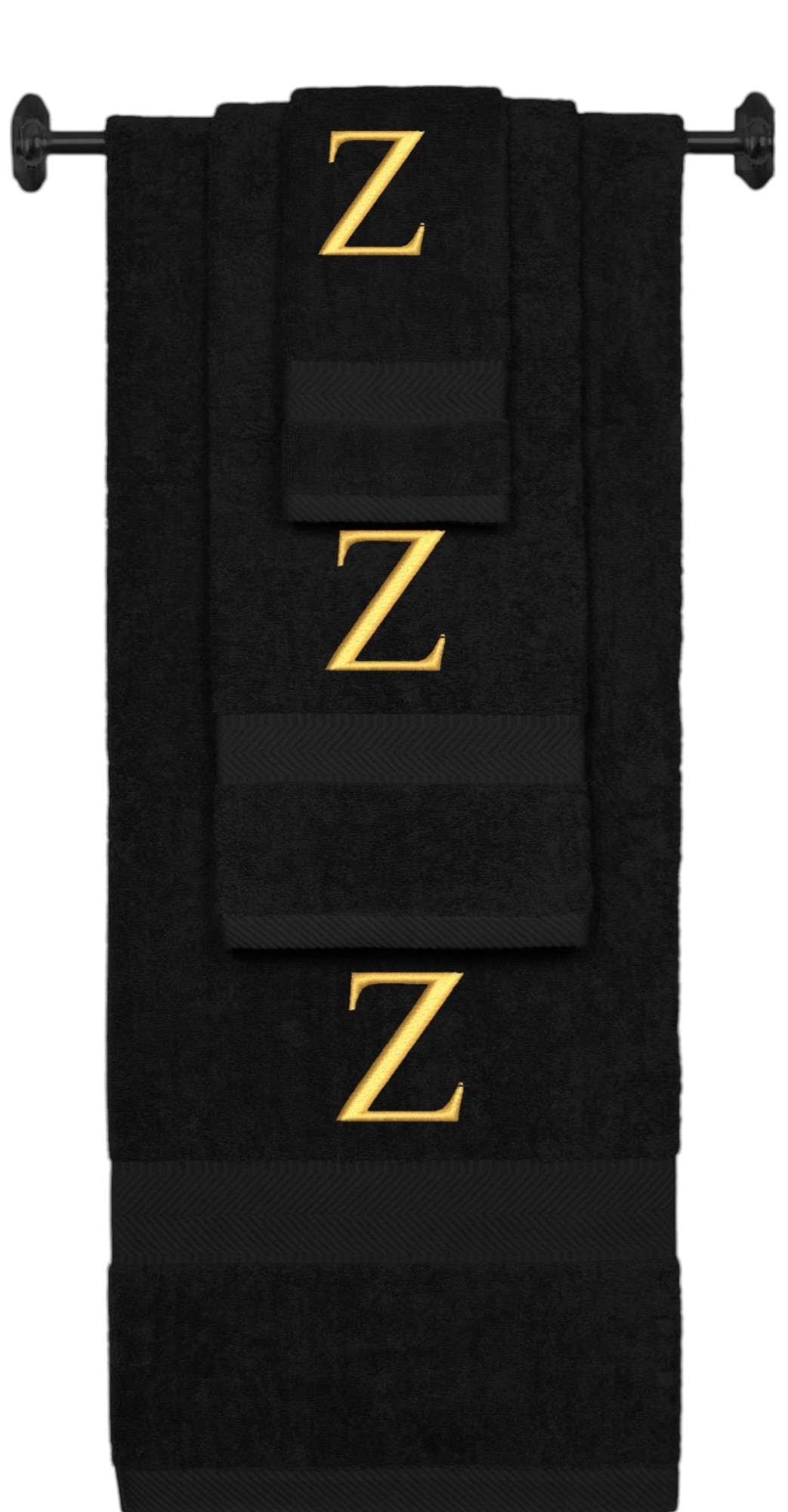 Black monogrammed towel set with Gold thread, Times New Roman font, initial Z - 540 GSM cotton 3-piece