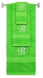 Lime monogrammed towel set with White thread, Chancery font, initial B - 540 GSM cotton 3-piece