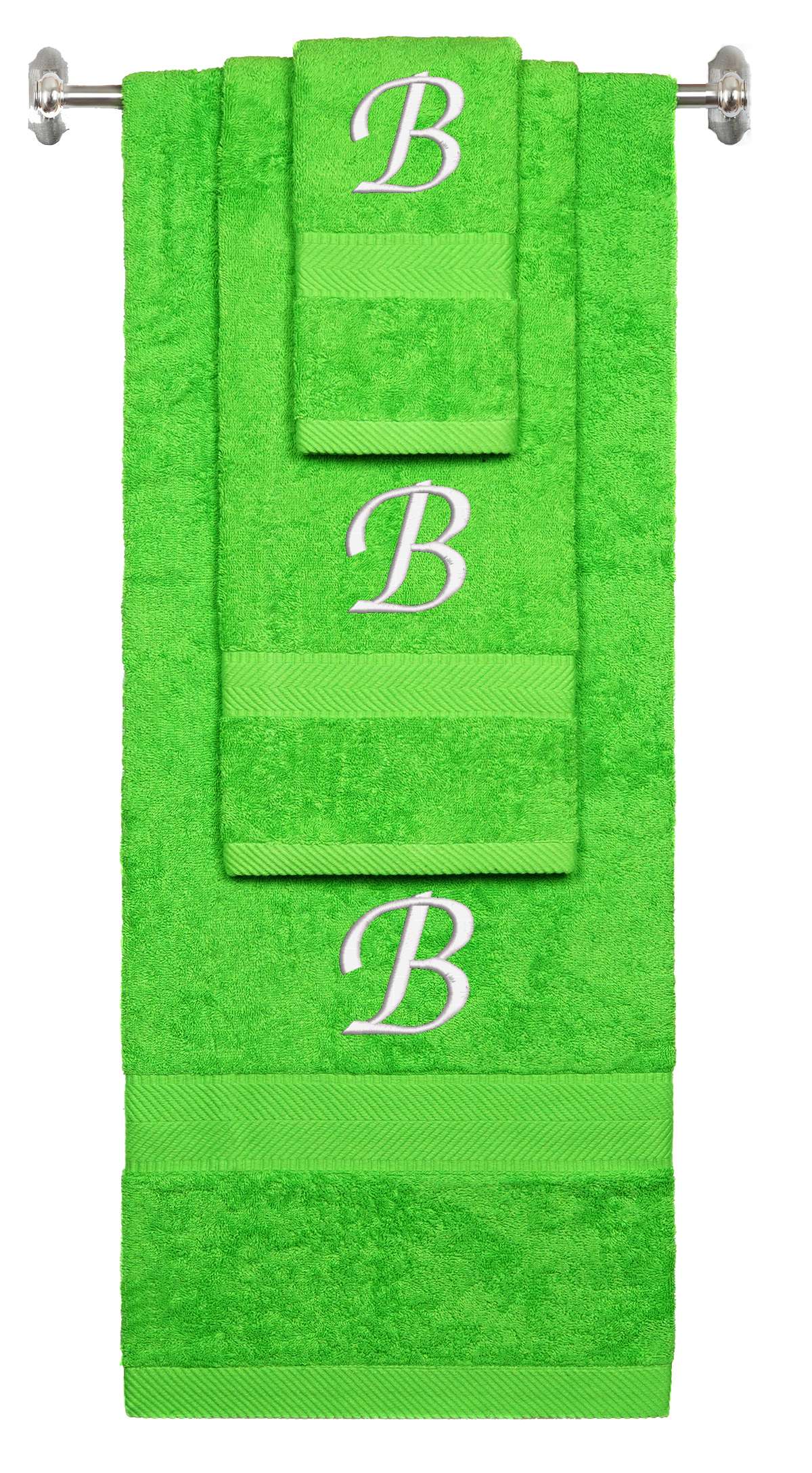Lime monogrammed towel set with White thread, Chancery font, initial B - 540 GSM cotton 3-piece