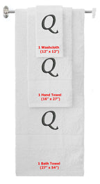 White monogrammed towel set with Black thread, Chancery font, initial Q - 540 GSM cotton 3-piece