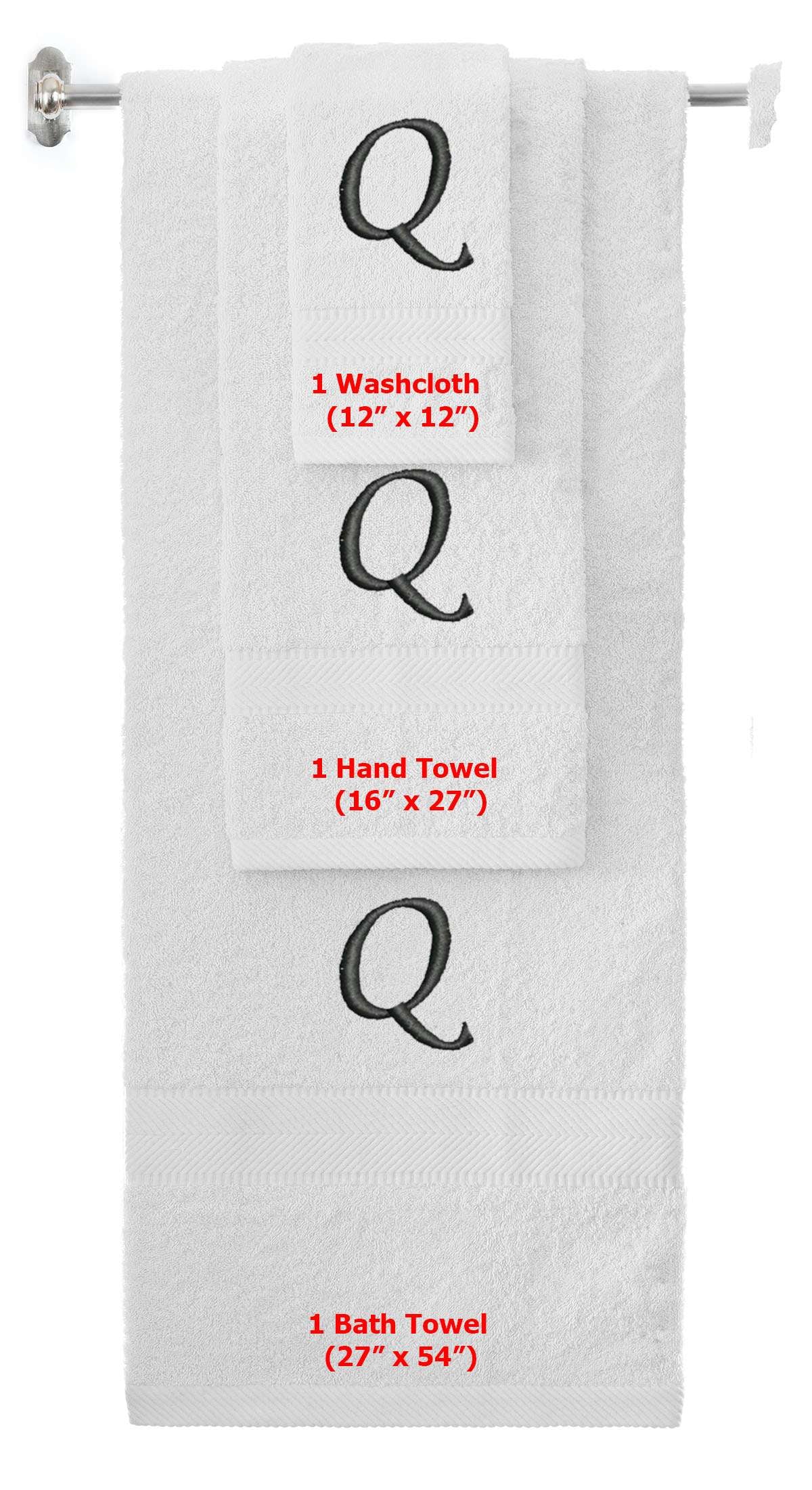 White monogrammed towel set with Black thread, Chancery font, initial Q - 540 GSM cotton 3-piece