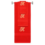 Red monogrammed towel set with Gold thread, Diana Script font, initial K - 540 GSM cotton 3-piece