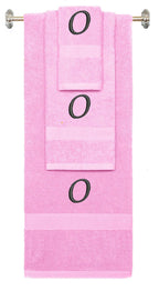 Pink monogrammed towel set with Black thread, Chancery font, initial O - 540 GSM cotton 3-piece