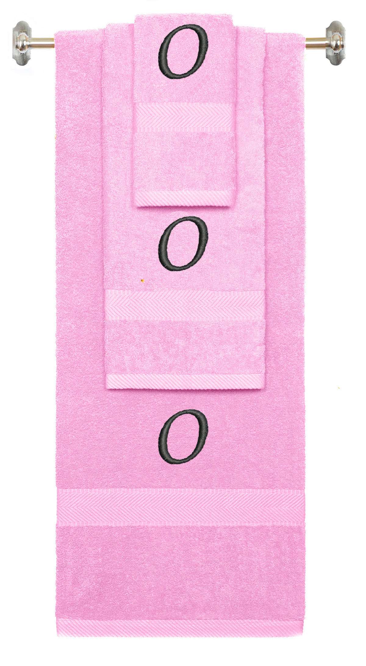 Pink monogrammed towel set with Black thread, Chancery font, initial O - 540 GSM cotton 3-piece