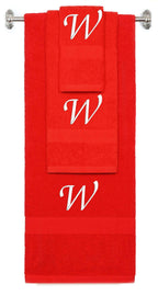 Red monogrammed towel set with White thread, Chancery font, initial W - 540 GSM cotton 3-piece