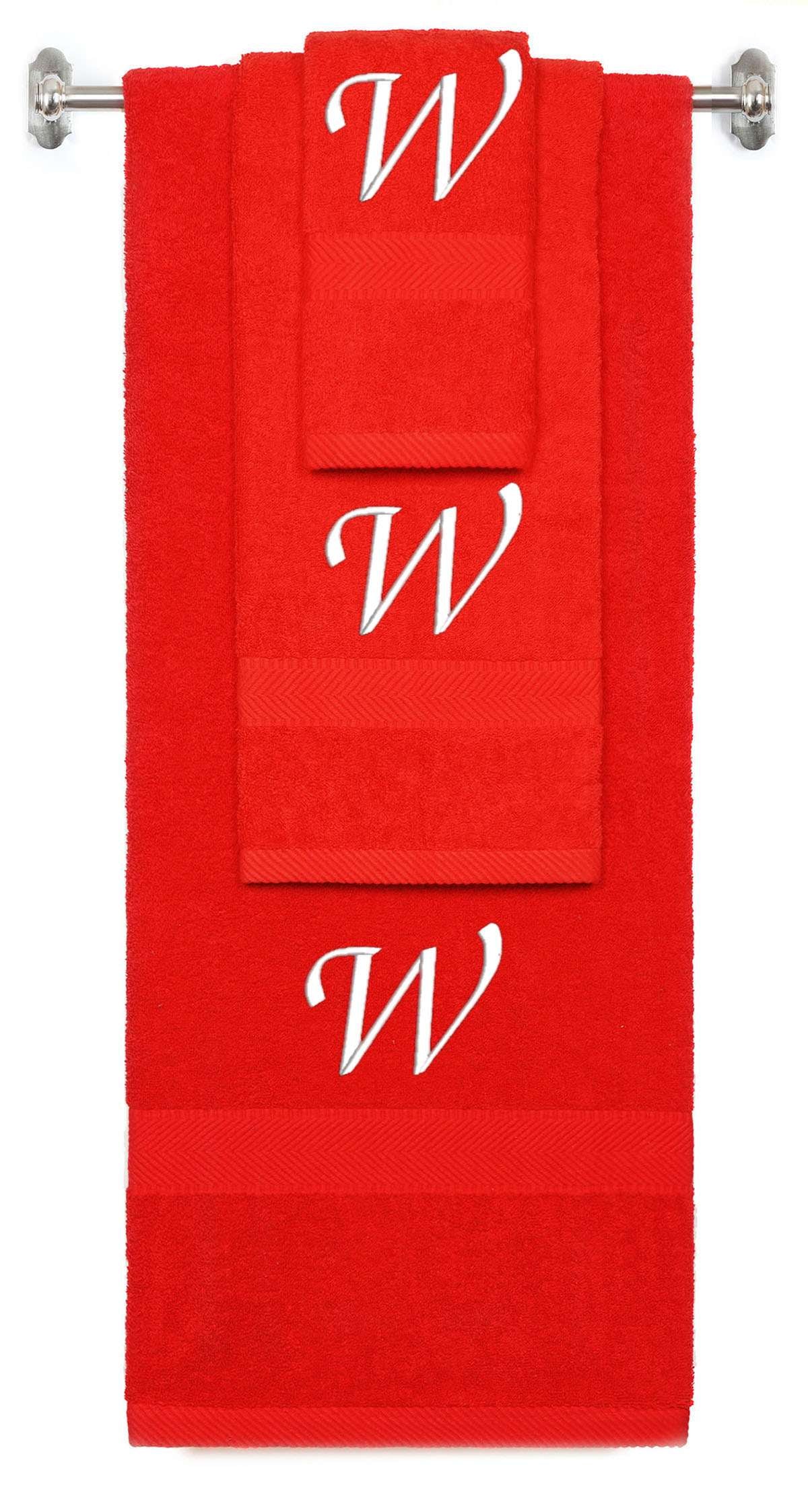 Red monogrammed towel set with White thread, Chancery font, initial W - 540 GSM cotton 3-piece