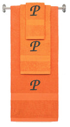 Orange monogrammed towel set with Black thread, Chancery font, initial P - 540 GSM cotton 3-piece