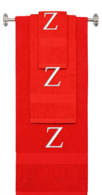 Red monogrammed towel set with Silver thread, Times New Roman font, initial Z - 540 GSM cotton 3-piece