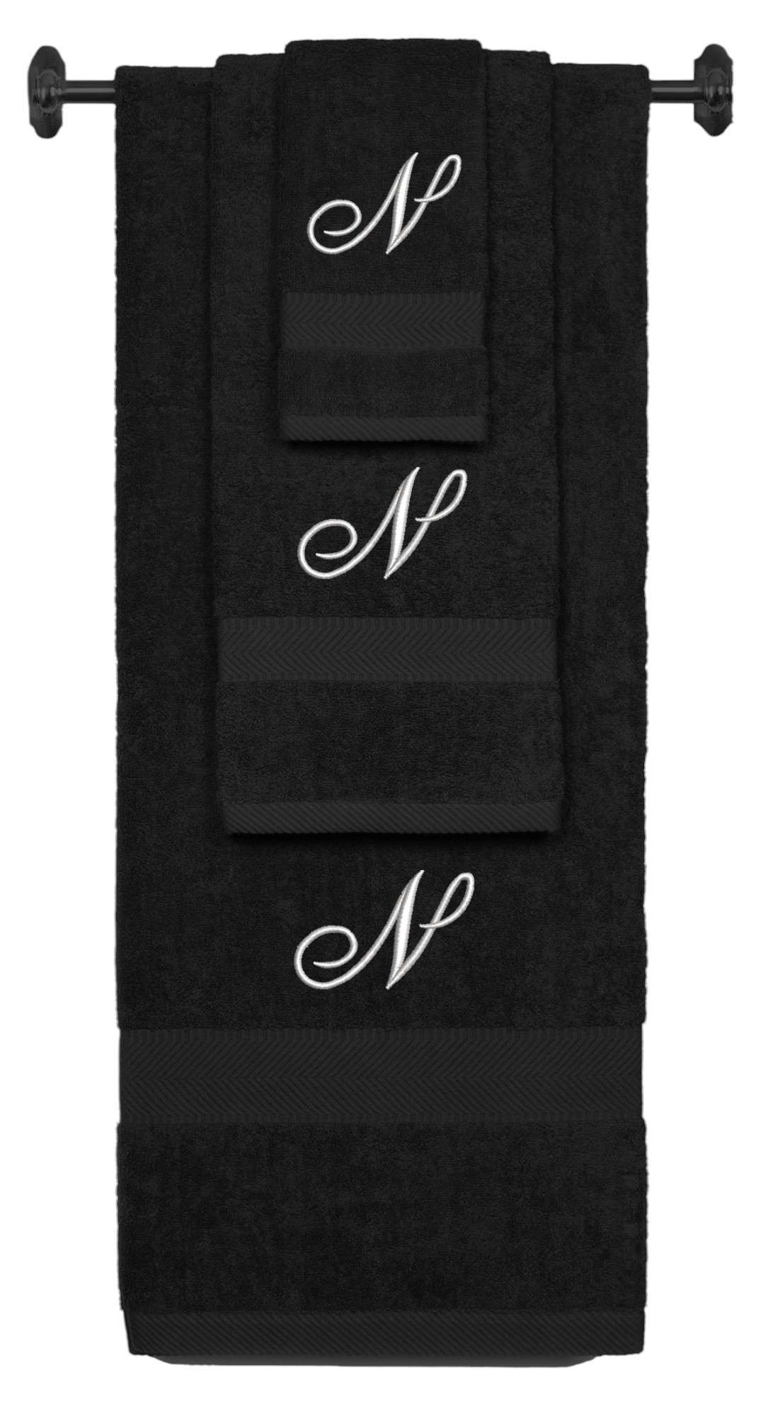 Black monogrammed towel set with Silver thread, Diana Script font, initial N - 540 GSM cotton 3-piece