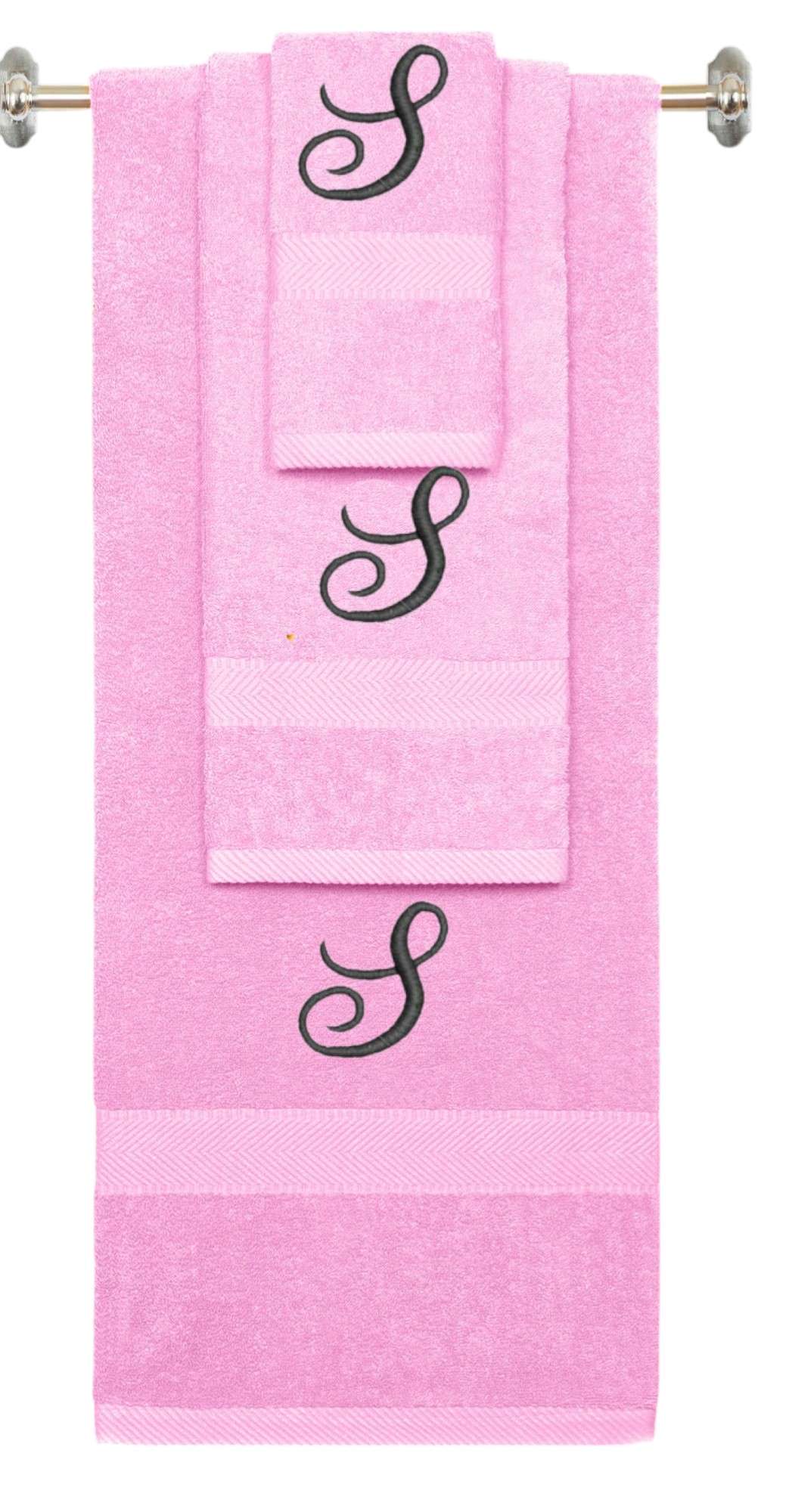 Pink monogrammed towel set with Black thread, Diana Script font, initial S - 540 GSM cotton 3-piece