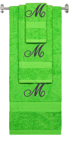 Lime monogrammed towel set with Black thread, Diana Script font, initial M - 540 GSM cotton 3-piece