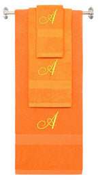 Orange monogrammed towel set with Gold thread, Diana Script font, initial A - 540 GSM cotton 3-piece