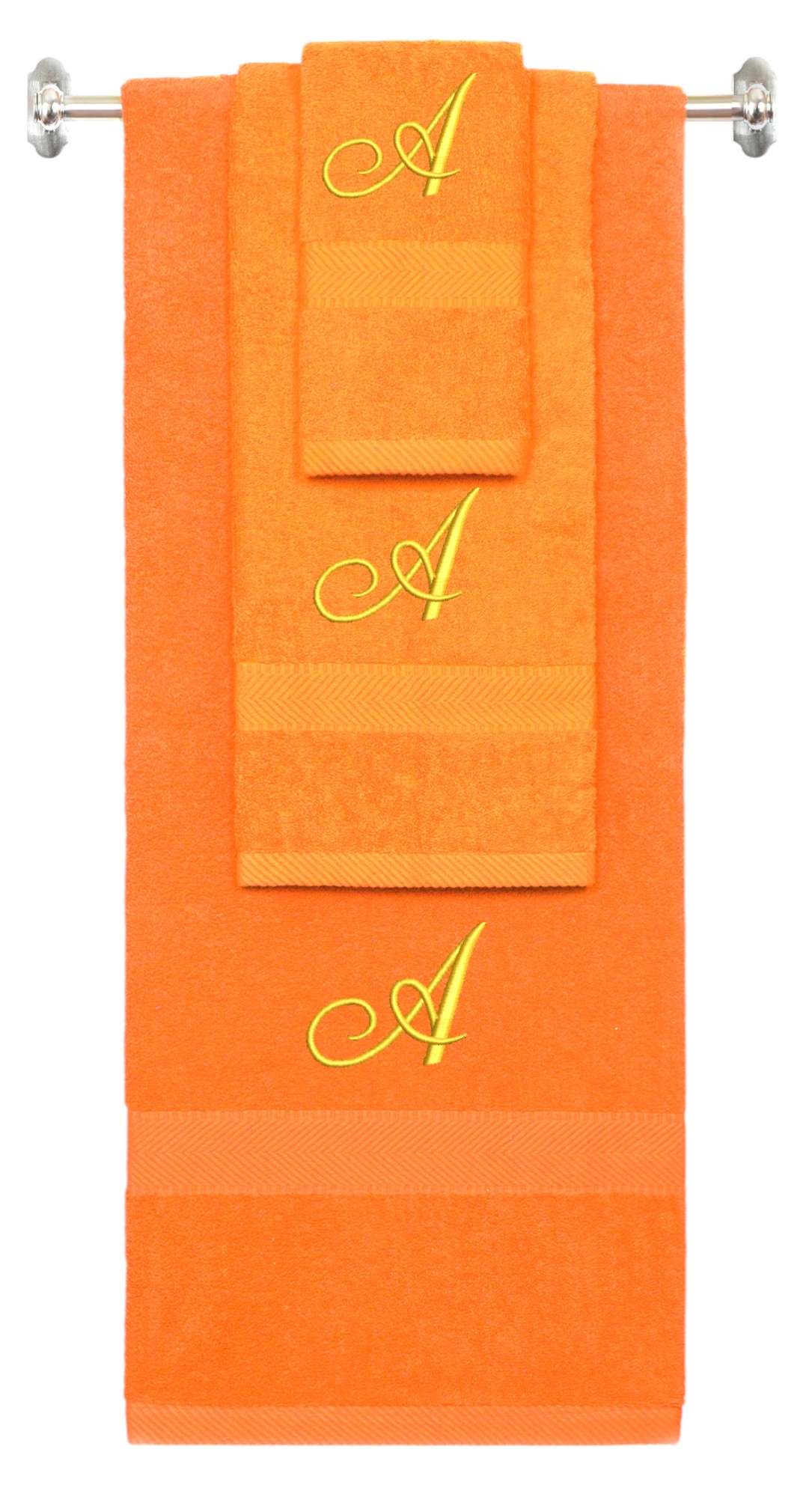 Orange monogrammed towel set with Gold thread, Diana Script font, initial A - 540 GSM cotton 3-piece