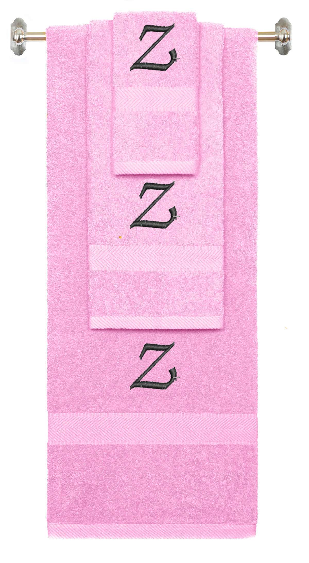 Pink monogrammed towel set with Black thread, Chancery font, initial Z - 540 GSM cotton 3-piece