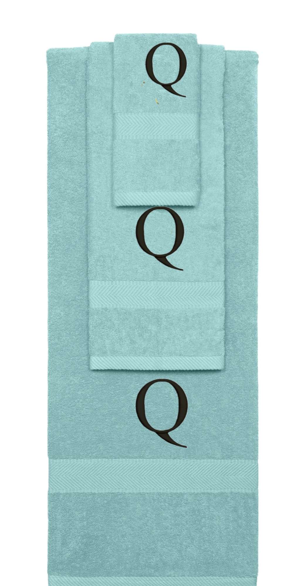 Nautical Teal monogrammed towel set with Black thread, Times New Roman font, initial Q - 540 GSM cotton 3-piece