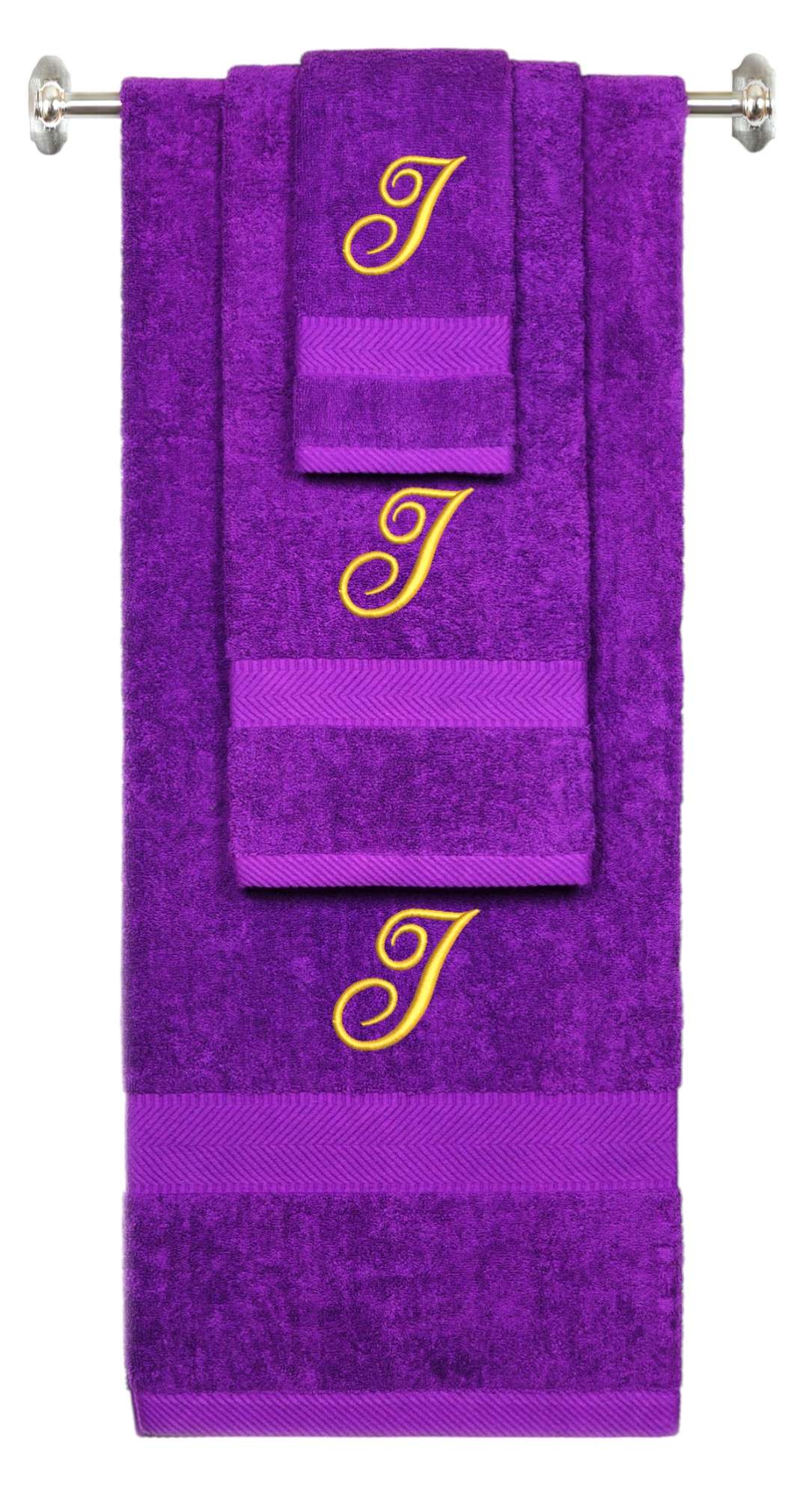 Purple monogrammed towel set with Gold thread, Diana Script font, initial I - 540 GSM cotton 3-piece