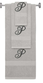 Silver monogrammed towel set with Black thread, Diana Script font, initial P - 540 GSM cotton 3-piece