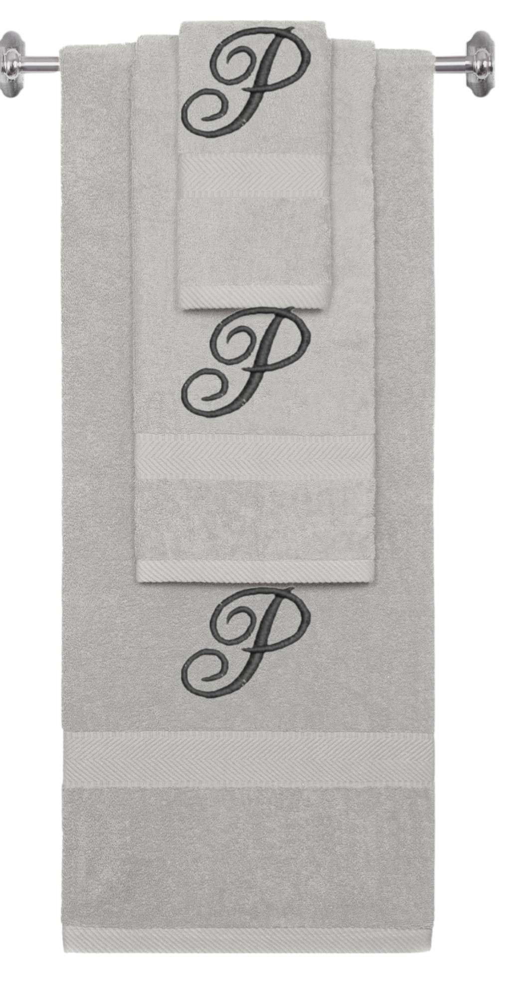 Silver monogrammed towel set with Black thread, Diana Script font, initial P - 540 GSM cotton 3-piece