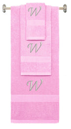 Pink monogrammed towel set with Silver thread, Chancery font, initial W - 540 GSM cotton 3-piece