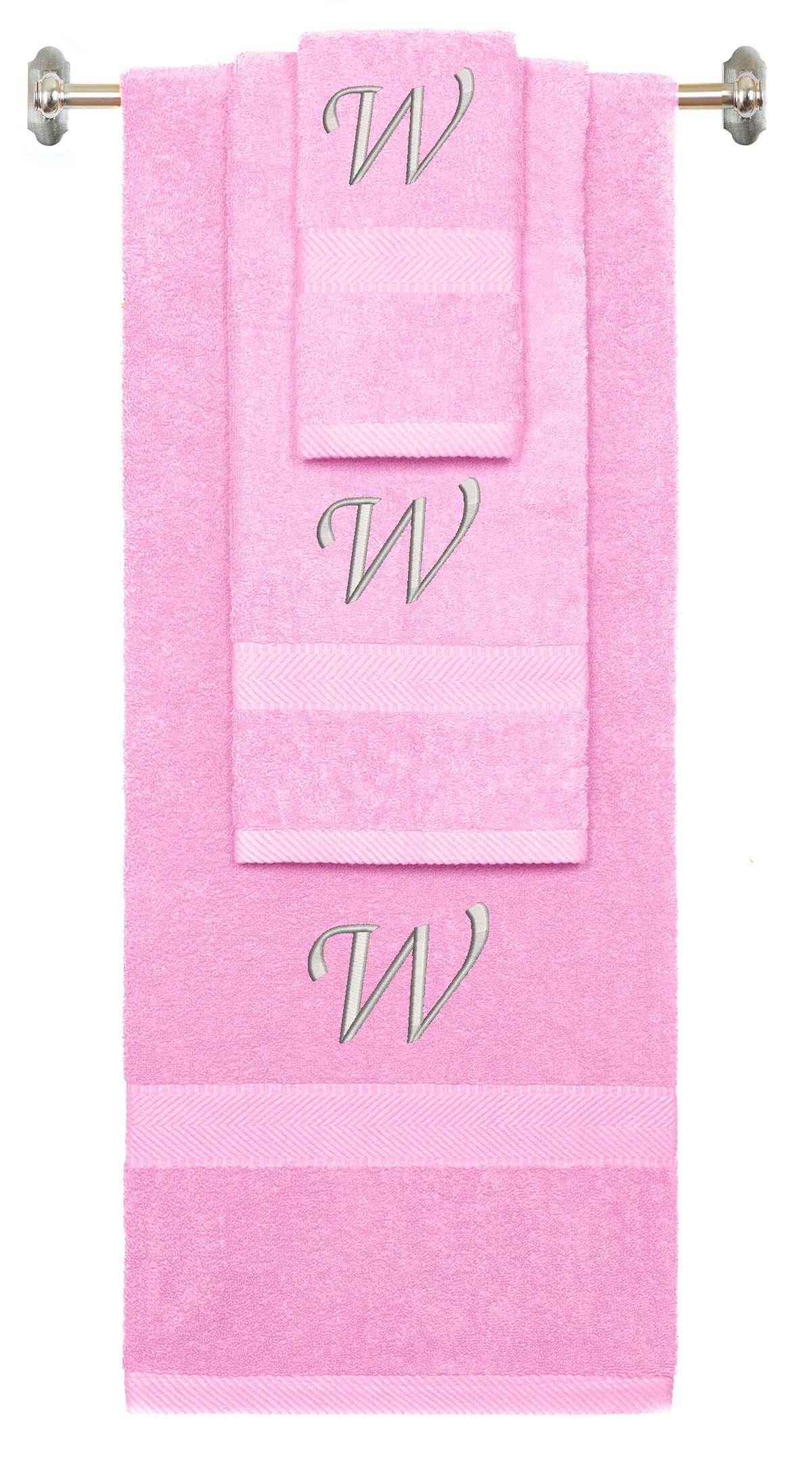Pink monogrammed towel set with Silver thread, Chancery font, initial W - 540 GSM cotton 3-piece