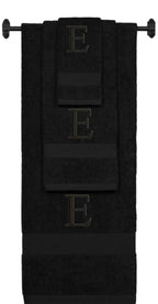 Black monogrammed towel set with Black thread, Times New Roman font, initial E - 540 GSM cotton 3-piece