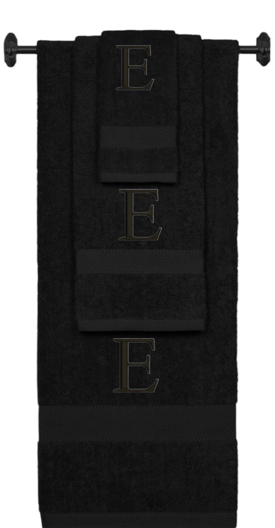 Black monogrammed towel set with Black thread, Times New Roman font, initial E - 540 GSM cotton 3-piece