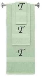 Mint Green monogrammed towel set with Black thread, Chancery font, initial S - 540 GSM cotton 3-piece