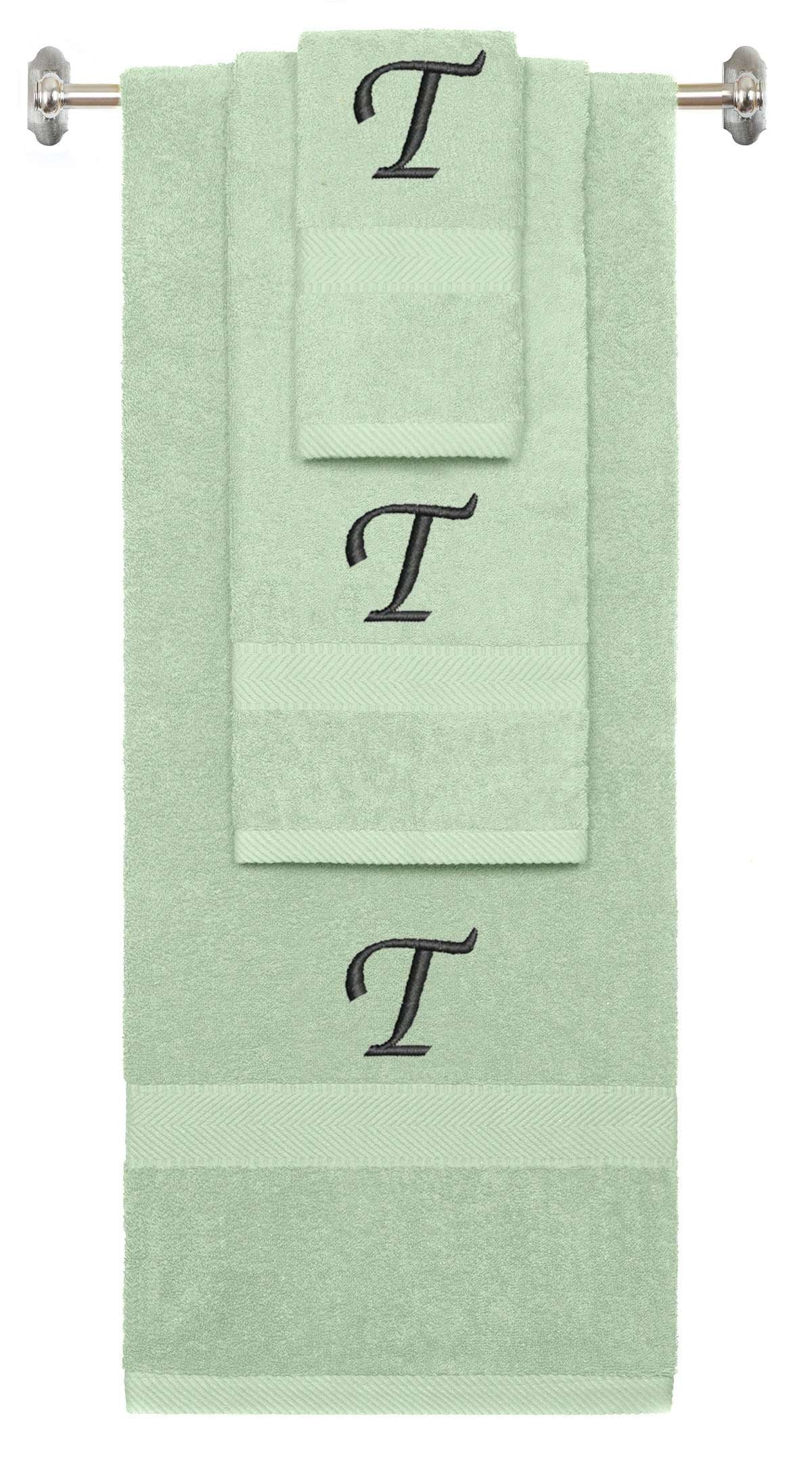 Mint Green monogrammed towel set with Black thread, Chancery font, initial S - 540 GSM cotton 3-piece