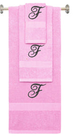 Pink monogrammed towel set with Black thread, Diana Script font, initial F - 540 GSM cotton 3-piece