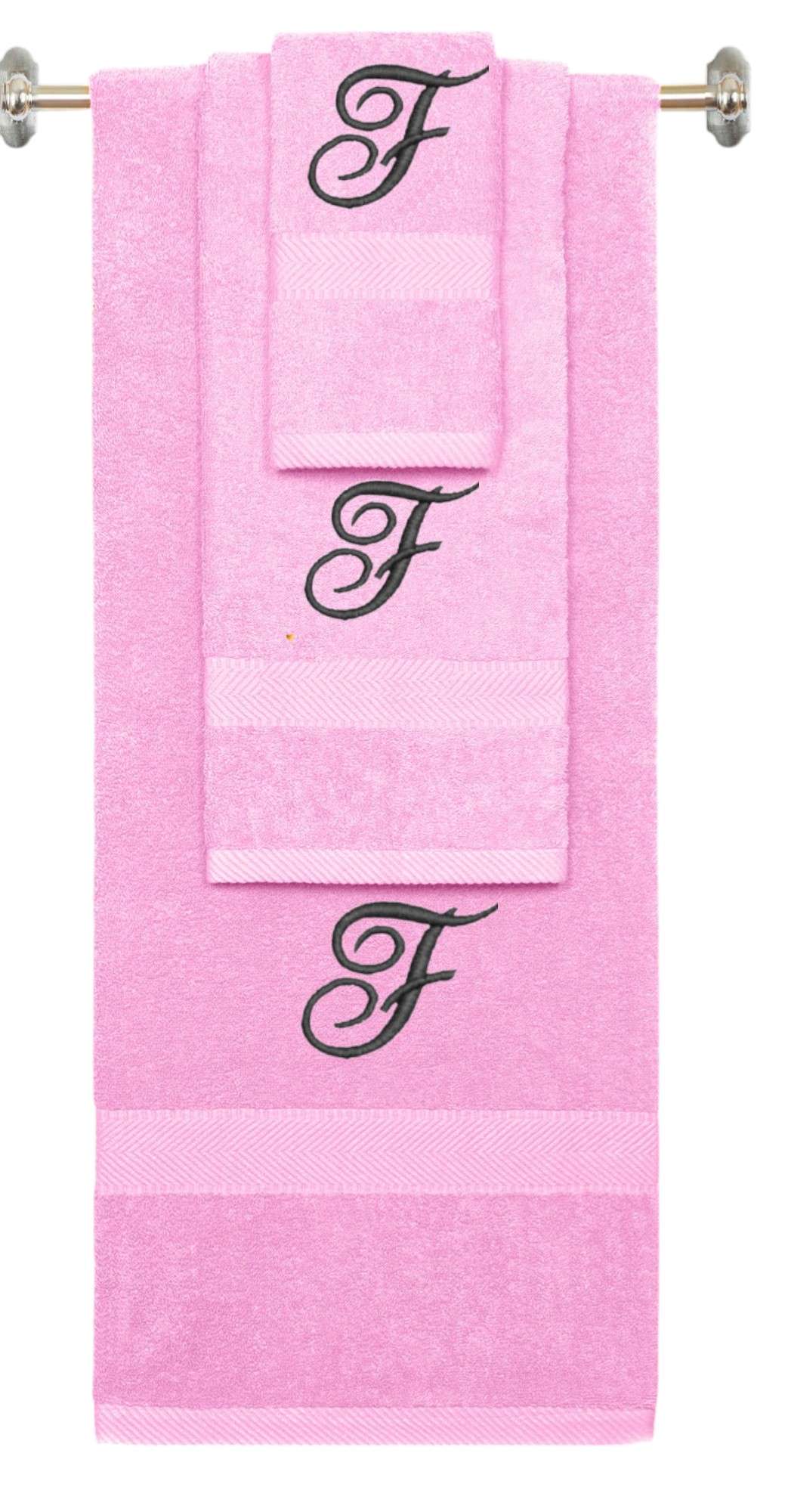 Pink monogrammed towel set with Black thread, Diana Script font, initial F - 540 GSM cotton 3-piece