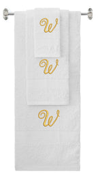White monogrammed towel set with Gold thread, Diana Script font, initial W - 540 GSM cotton 3-piece