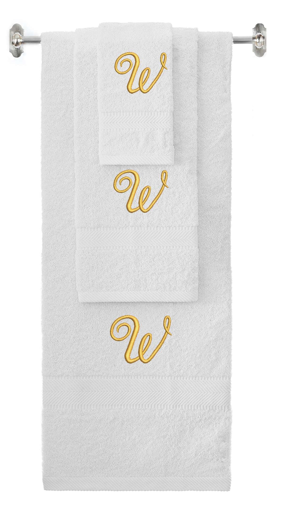White monogrammed towel set with Gold thread, Diana Script font, initial W - 540 GSM cotton 3-piece