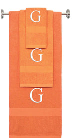 Orange monogrammed towel set with White thread, Times New Roman font, initial G - 540 GSM cotton 3-piece