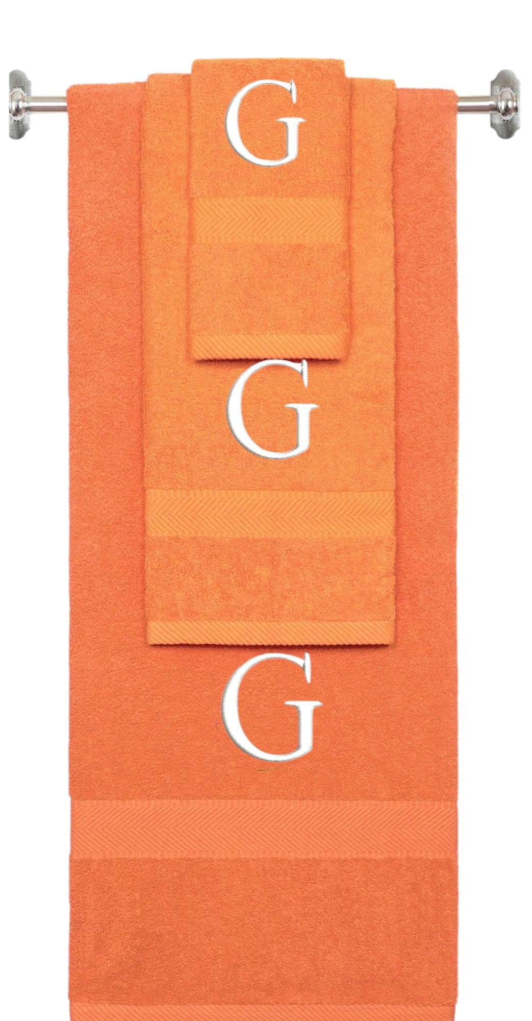 Orange monogrammed towel set with White thread, Times New Roman font, initial G - 540 GSM cotton 3-piece