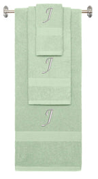 Mint Green monogrammed towel set with Silver thread, Chancery font, initial J - 540 GSM cotton 3-piece