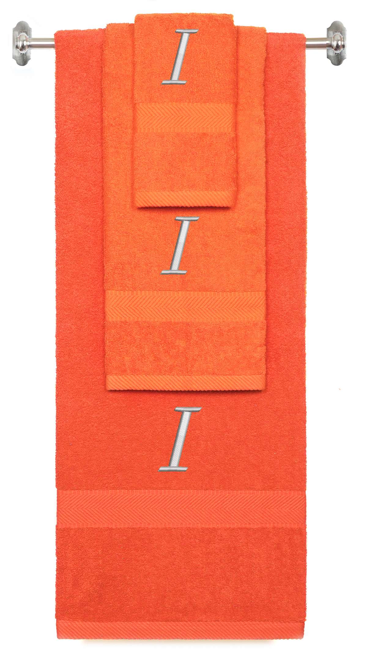 Orange monogrammed towel set with Silver thread, Chancery font, initial I - 540 GSM cotton 3-piece