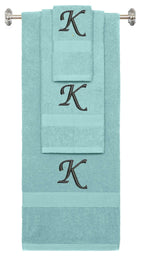 Nautical Teal monogrammed towel set with Black thread, Chancery font, initial K - 540 GSM cotton 3-piece