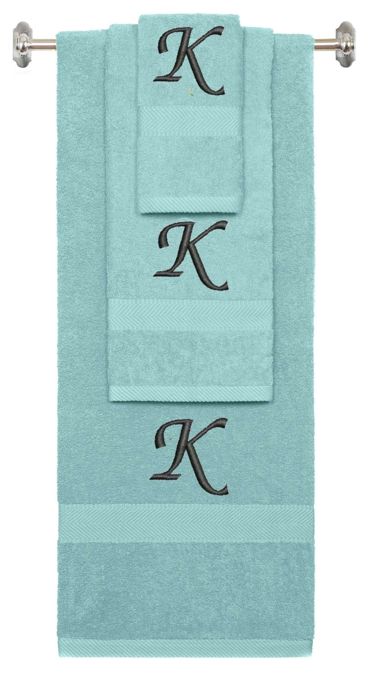 Nautical Teal monogrammed towel set with Black thread, Chancery font, initial K - 540 GSM cotton 3-piece