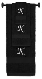 Black monogrammed towel set with Silver thread, Chancery font, initial K - 540 GSM cotton 3-piece