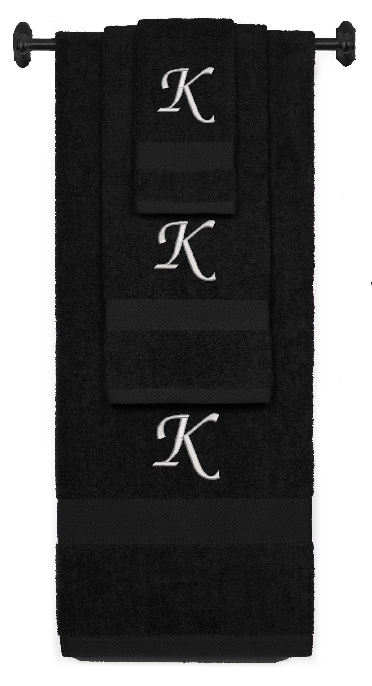 Black monogrammed towel set with Silver thread, Chancery font, initial K - 540 GSM cotton 3-piece